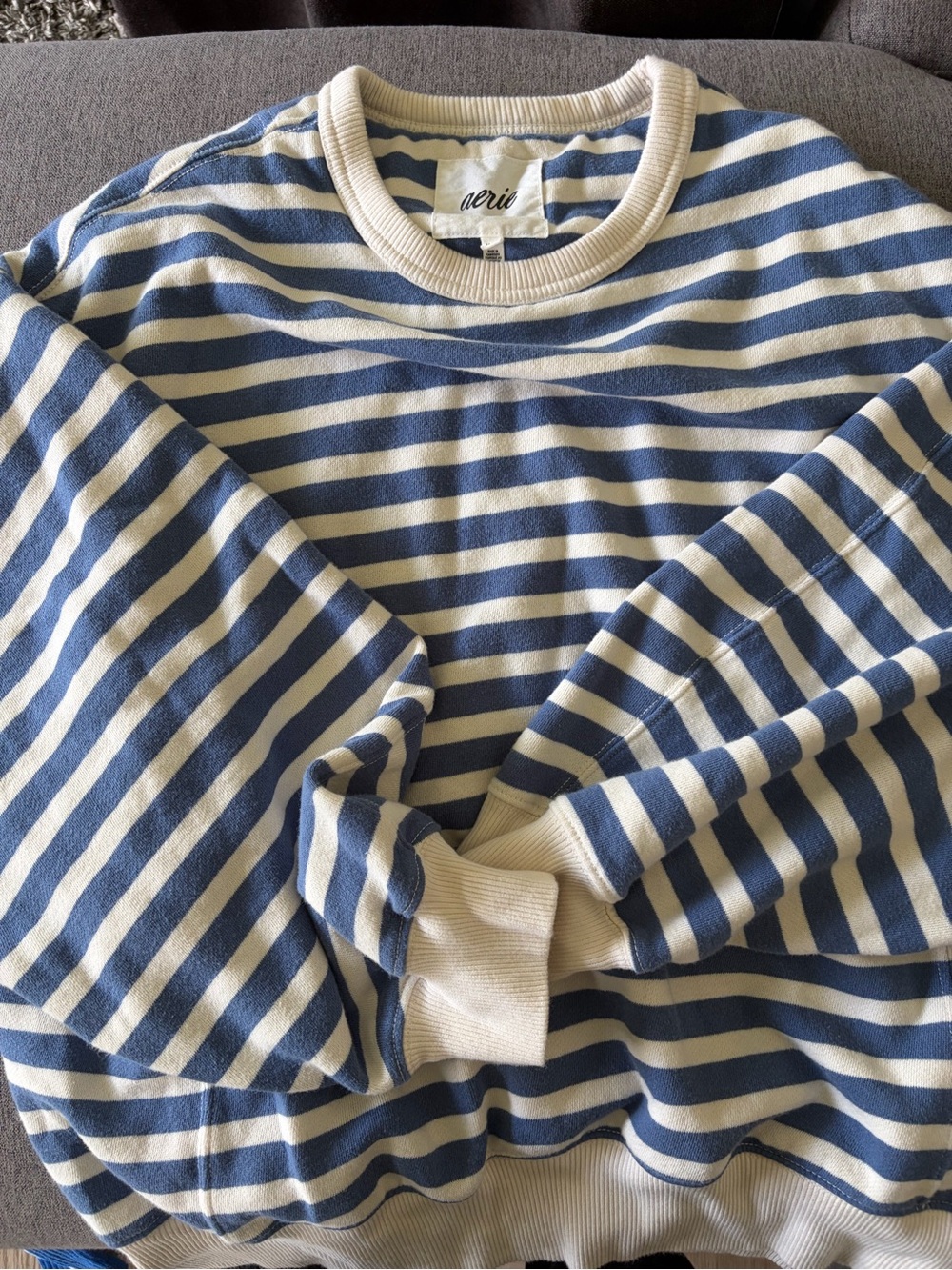 aerie Blue and Cream Striped Crew Neck Sweatshirt